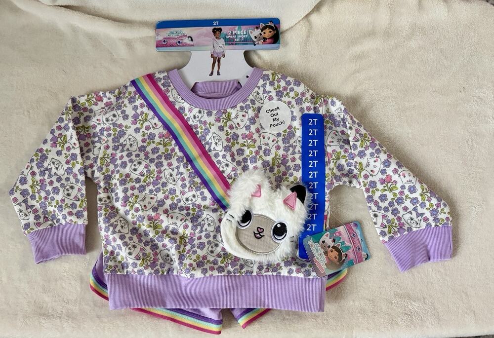 Gabby’s Dollhouse The Movie Toddler Girls 2-Pc Sweat Short Set 2T NEW w/ Pouch
